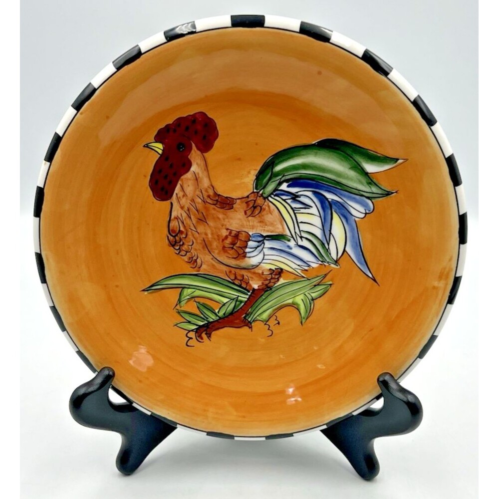 Vtg Hand Painted Rooster Decorative Plate 8" Farmhouse Country Checkered FREEshp